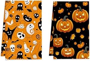 Halloween Fingertip Towels 2-Pack - Jack O' Lantern Pumpkin Design, 12x18 Inches, 100% Cotton, Black