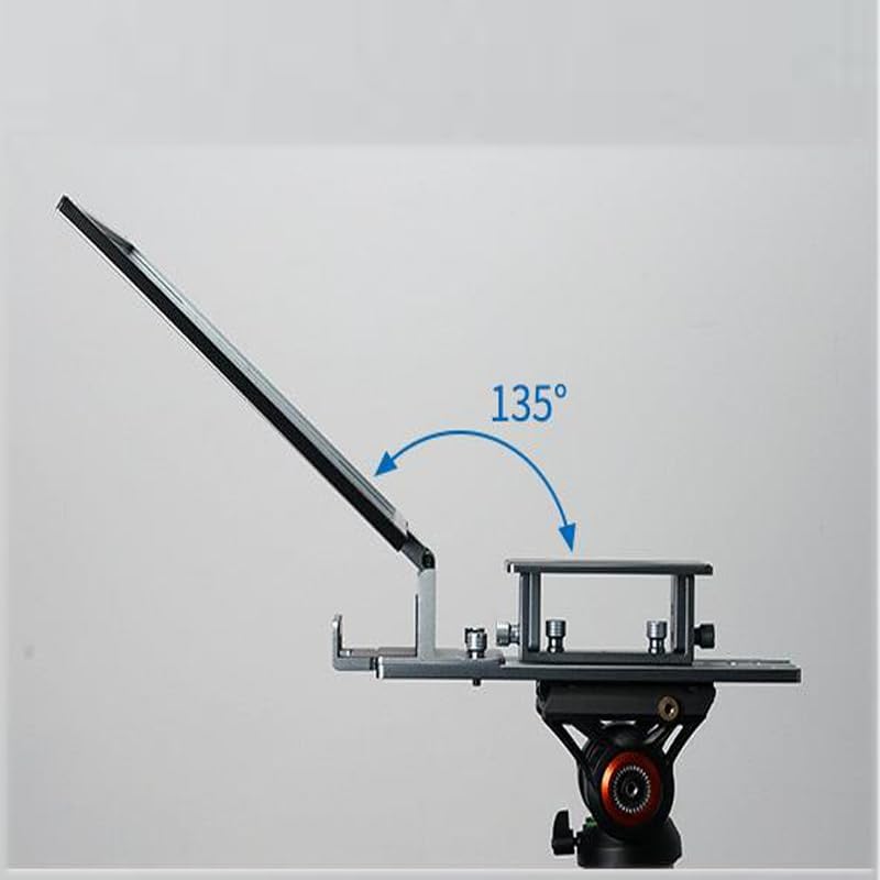 വശം view of the teleprompter showing an arrow indicating a 135-degree range of motion for angle adjustment.