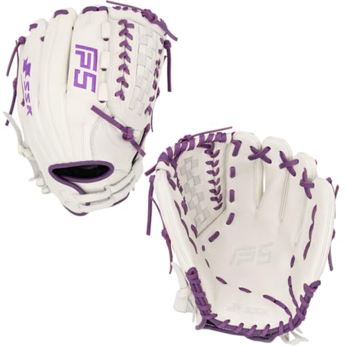 SSK FP5 Fastpitch Softball Glove – Infield - Outfield - Pitcher – 11.5”-11.75”-12”-12.25”-12.5”-12.75”-13”– Right & Left Hand Throw (White/Purple-Laced Basket Web, 12" - Left Hand Throw)