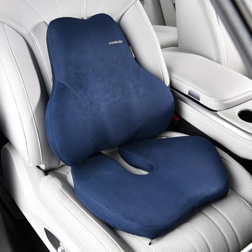 Image of Coverado Memory Foam Car Seat Cushion and Lumbar Support Pillow for Car, Ergonomic Office Chair Cushion for Lower Back Pain Relief, Breathable & Non-Slip for Car, Home, and Office Use, Blue