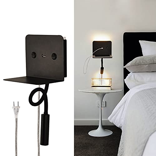 Moderne Wandleuchte mit Regal für Schlafzimmer Nachttisch, Plug in Doppelschalter LED USB Ladeanschlüsse Schwanenhals Schwingarm, Wohnzimmerbeleuchtung Schwarzes Lese Nachtlicht, Scheinwerfer Cover