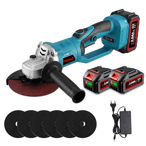ONEVAN Akku Winkelschleifer 125 mm, 180° Drehbarer für Schneiden Mehrerer Winkel, 3-Gang 0-18000 R/MIN Bürstenlos Winkelschleifer Regelbare Drehzahl mit 2 3000mAh Akkus, Ladegerät, 6 Trennscheiben