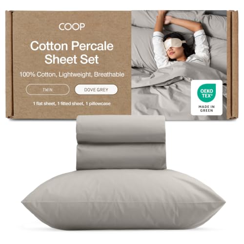 Image of Coop Home Goods Cotton Percale Bed Sheet Set Twin, Dove Grey, Crisp 100% Cotton Sheets for Hot Sleepers, Breathable Deep Pocket Queen Sheets and Pillowcase Set, Oeko-TEX Certified