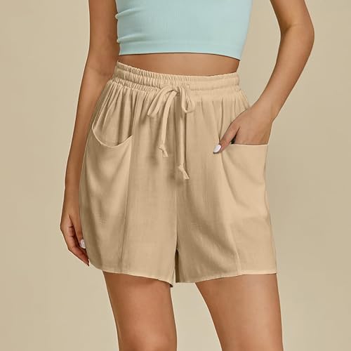 Short feminino franzido de corte alto, perna reta, elástico, para mulheres, outono, verão, linho, ca