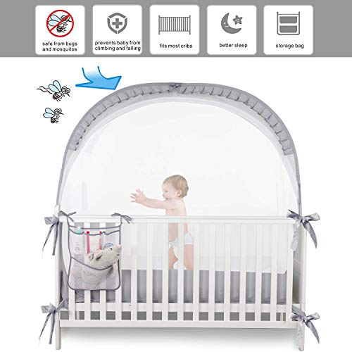 Zxplo Baby Safety Crib Tent Infant Pop Up Mosquito Net Nursery Bed Canopy Netting Cover - Keep Baby From Climbing Out With Hanging Diaper Storage Bag (Gray) #TOP3