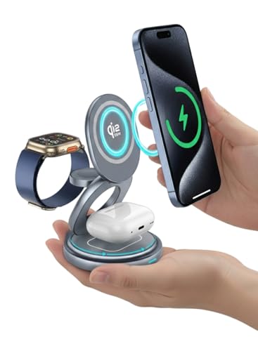 Glassology Qi2 25W 3-in-1 Magnetic Wireless Charging Stand, Foldable 360° Rotating Fast Charger for iPhone, Apple Watch & AirPods, MagSafe Compatible, Compact Travel Dock with Safety Protection