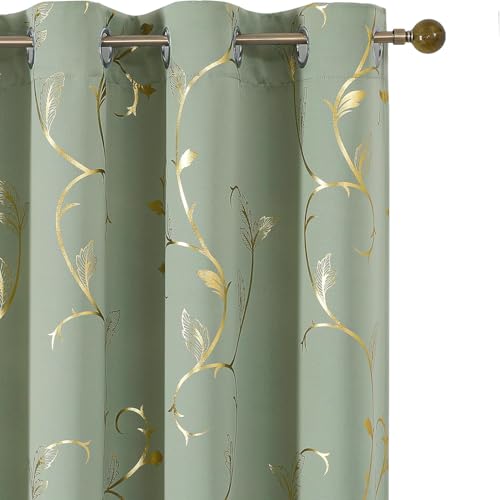 BUHUA Blackout Curtains Gold Foil Print Flower Vine Grommet Drapes, Room Darkening Thermal Insulated Curtains, Noise Reducing Curtain for Bedroom, Sage Green, 52Wx108L, 2 Panels