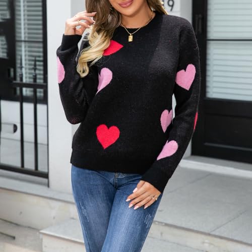 Image of Women's Cute Heart Sweater Love Print Valentine Romantic Knitted Top Casual Crewneck Long Sleeve Sweaters Pullover