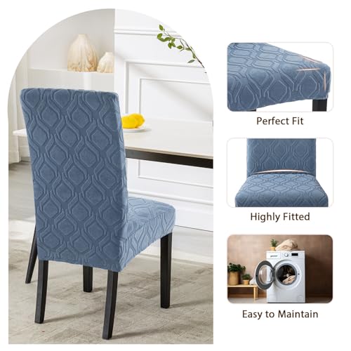 Image of SearchI Dining Room Chair Covers Set of 4, Stretch Jacquard Parsons Chair Slipcovers Spandex Removable Washable Kitchen Chair Protector Cover for Dining Room, Hotel, Ceremony (Gray-Blue Geometric)