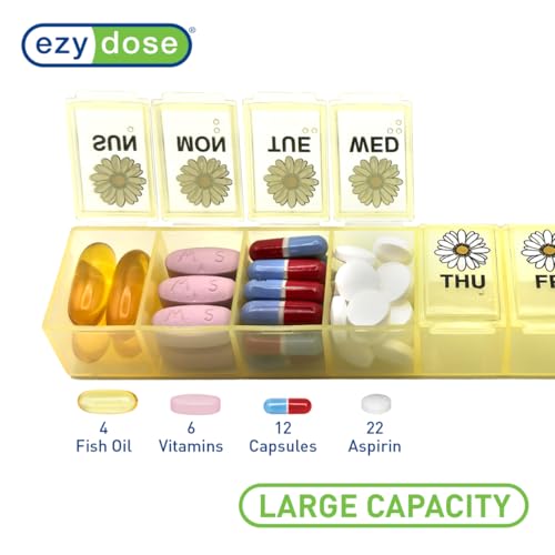 Image of EZY DOSE Weekly (7-Day) Daily Pill Case, Medicine Planner, Vitamin Organizer, Supplement Container, Large Compartments, Yellow Daisy Days Design, Easy-to-Open, Travel-Friendly, BPA Free