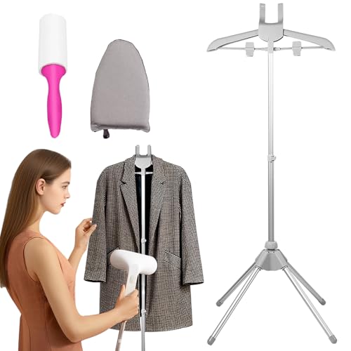 Gobesty Steamer Stand, Folding Telescopic clothes steamer stand With Hair roller & Ironing Gloves, Height Adjustable Garment Steamer Rack, Handheld Clothes Hanger for Home Steam Ironing Shirts (Grey)