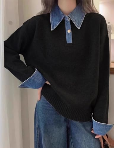 Image of Womens Denim Lapel Sweater Oversized Long Sleeve Button Down Polo Knit Pullover Sweaters 2025 Fall Outfits
