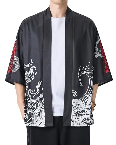 Image of PRIJOUHE Men's Lightweight Kimono Jacket Seven Sleeve Open Front Cardigan Coat Japanese Style Bathrobe