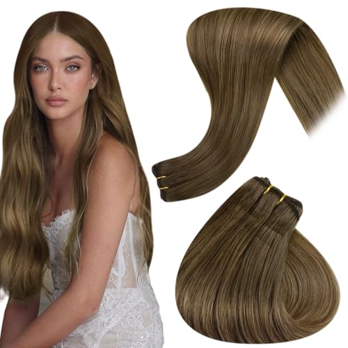 Hetto Weft Hair Extensions Real Human Hair Balayage Brown, Full Head Hand Tied Sew in Hair Extensions Brown Ombre