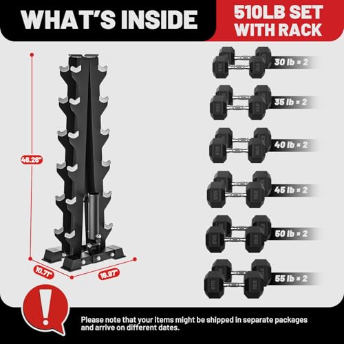 Image of PAPABABE Hex Dumbbell Sets with Rack, 100-600lb Rubber Coated Dumbbell Weight Set and Storage Rack, Multiple Options Hand Weights for Strength Training
