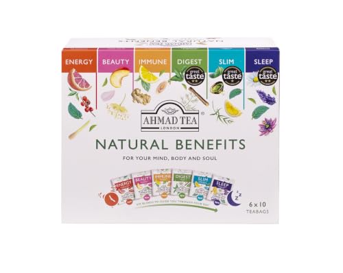 Ahmad Tea Gift Selection Pack | Natural Benefit Tea Selection | Green Tea & Herbal Infusions | 60 Teabags | 6 Blends | Tea Gift Set