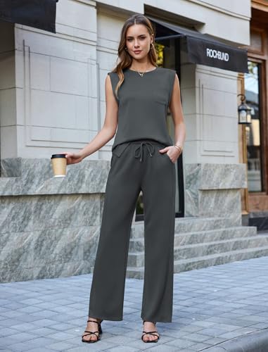 difficort Womens 2 Piece Outfits Round Neck Vest Sleeveless Tops Straight Leg Pants Matching Outfits,Dark Grey,Large — view 5