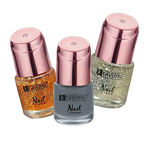 Image of Krayons Crazy Gel Nail Enamel, Waterproof, Longlasting, 8ml Each, Multicolor, Pack of 3 (Shimmer Golden, Shimmer Silver, Charcoal Grey)