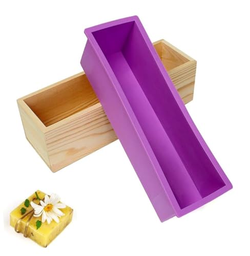 1 Set 42 oz Flexible Rectangular Silicone Soap,Silicone Soap Molds with Wooden Box,Loaf Molds Kit with Wood Box for CP and MP Soaps Making Supplies,DIY Tool for Soap Cake Making (Purple)