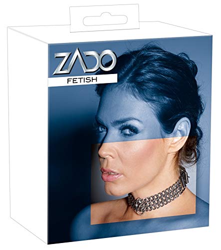 ZADO Leder Halsfessel Kette - erotische Lederhalsfessel für Frauen, Fessel mit drei Metall-Gliederketten, Halsmanschette für Bondage-Spiele, schwarz