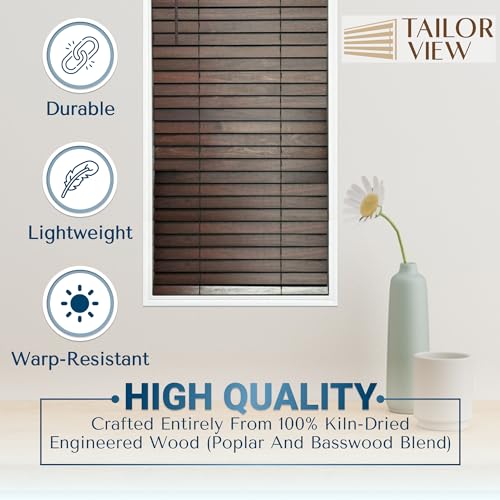 TailorView Customizable Wood Horizontal Cordless Window Blinds - 2 Inch Slats - Walnut (Medium-Dark Brown,) Outside or Inside Mount.