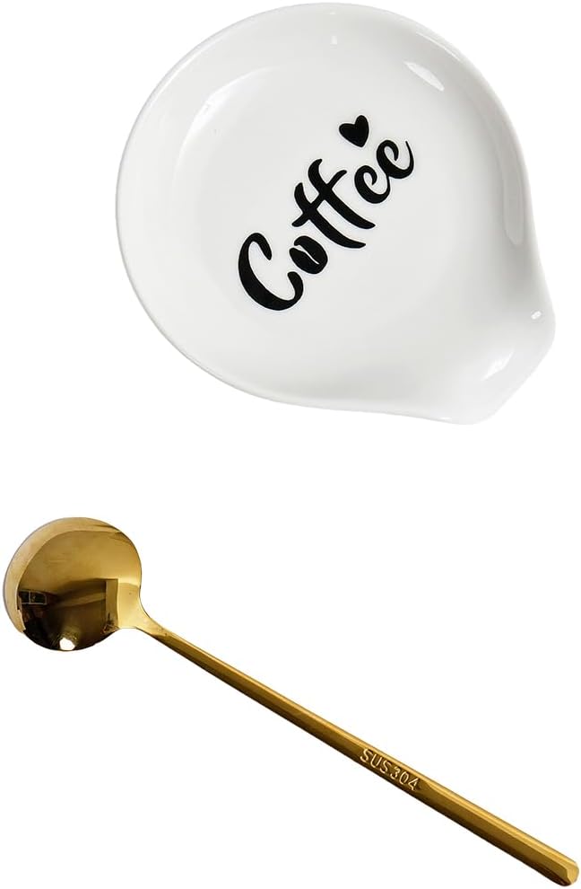 Coffee Spoon Rest with Gold Coffee Spoon for Coffee Bar Accessories, Ceramic Small Spoon and Rest for Coffee Station, Mini Spoon Holder for Stirring Spoon, Teaspoon for Coffee Lover Gifts