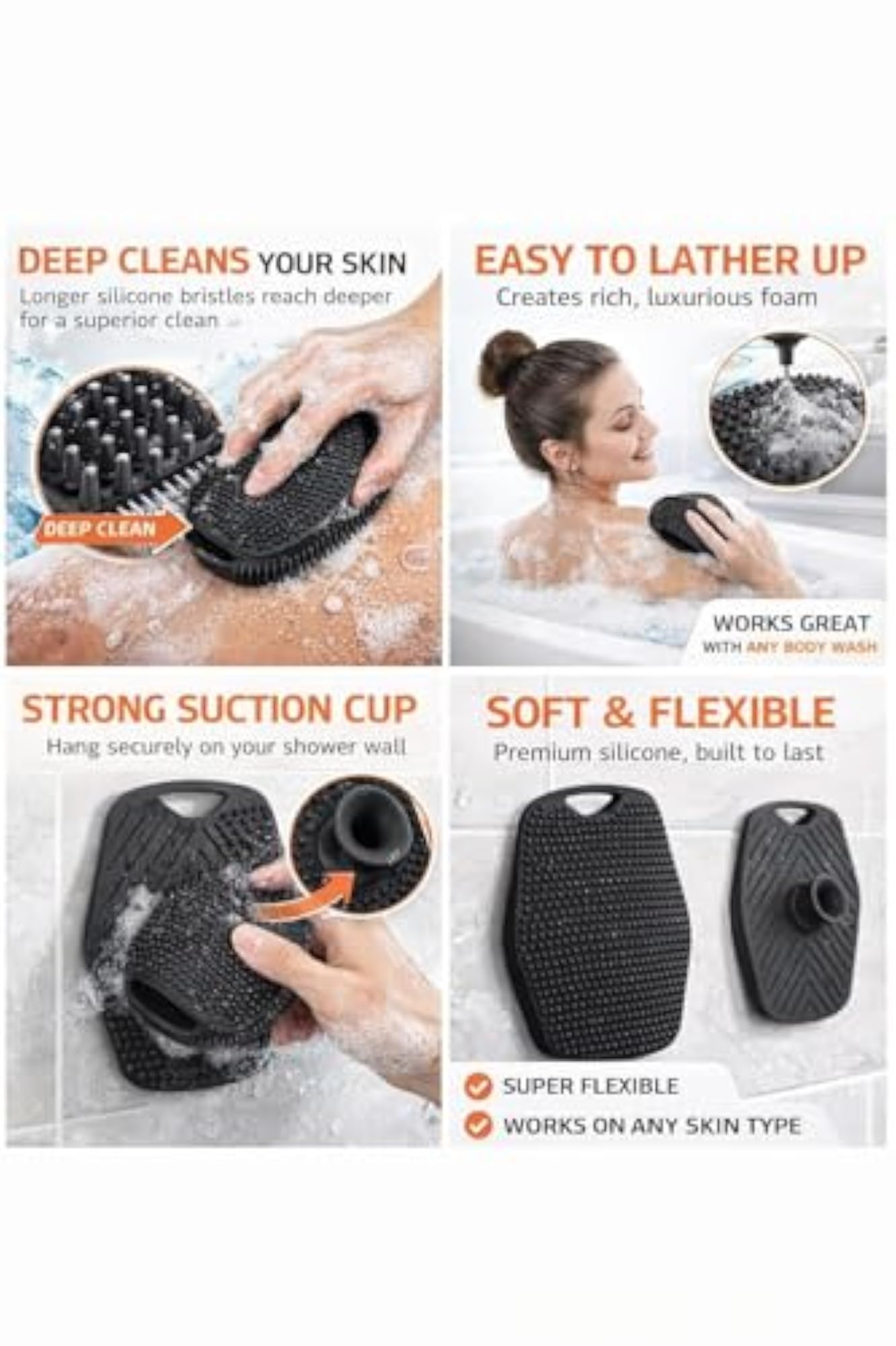 Silicone Body Scrubber Bath Brush with Soft Bristles, Ergonomic Grip