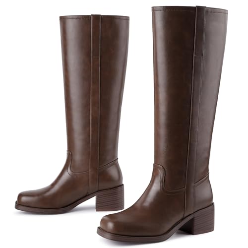 Image of Gothictor Women's Banana Knee High Boots Square Toe Chunky Block Heel Comfortable Low Heel Pull on Wide Calf Riding Long Boots for Women