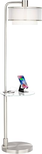 Miniatura 3 de Possini Euro Design Vogue - Moderna lámpara de pie con mesa de vidrio templado de 60 pulgadas de alto, níquel cepillado blanco, lino plateado,