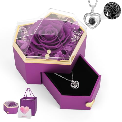 Emibele Rosa Conservata, Scatola di Rose con Fiori Eterni, Collana a Cuore Ti Amo in 100 Lingue, Gioielli con Rose Conservate per Mamma/Donna/Moglie/Madre/Nonna/San Valentino, Viola