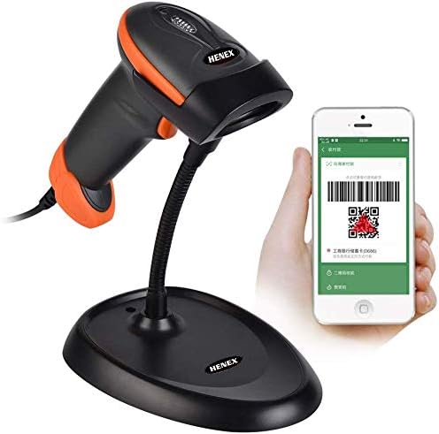 Barcode scanner on its stand, actively scanning a QR code displayed on a smartphone screen.
