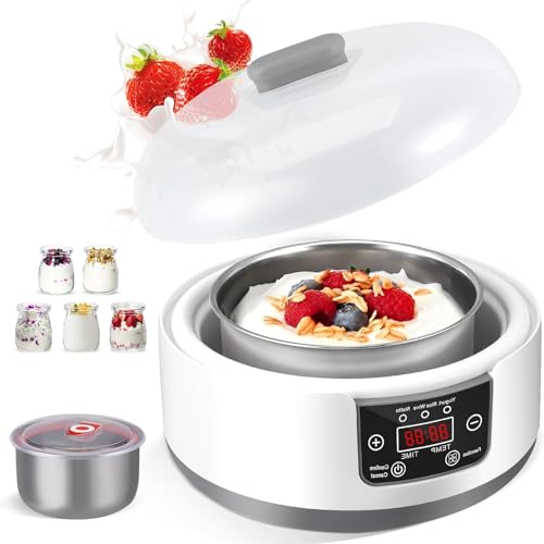 Yogurtera probiótica de 15 W con 5 tarros de Vidrio, máquina de Yogur de 1,2 l con Pantalla LED, Temperatura y Temporizador Ajustables, máquina de Yogur eléctrica para Hacer casero orgánico,