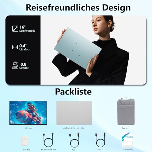Touchscreen Tragbarer Monitor, 16 Zoll, 1920X1200 Full HD, tragbarer Gaming Monitor, HDR, HDMI, USB-C, externer Monitor, geeignet für Laptops, Xbox Switch, mit Smart Cover und Aufbewahrungstasche