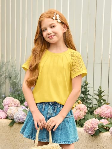 Image of Girls Pleated T Shirts Kids Fashion Lace Sleeve Summer Tops 5-14 Years | Casual Crewneck Blouse,Fashion Clothes