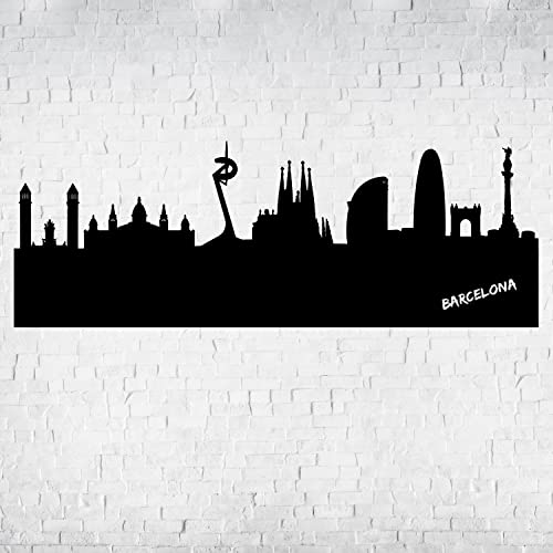 Skyline de Barcelona en pizarra negra. Medidas 90 x 32 cm. Etiqueta de madera rígida 3 mm para pared. Superficie apta para escritura con tizas y rotuladores efecto tiza.