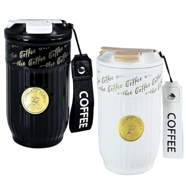 14oz Insulated Travel Tumblers with Lid and Straw, 2 Pack Travel Coffee Mug Stainless Steel Vacuum Thermos Cup, Leak Proof Reusable Cute Coffee Tumbler for Iced and Hot Drinks