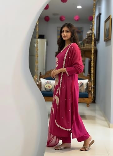 Image of ANNI Designer Women Rayon Viscose Straight Embroidered Kurta with Pant and Dupatta | 3 /4 Sleeve | V-Neck | Ethnic Kurta Set for Women