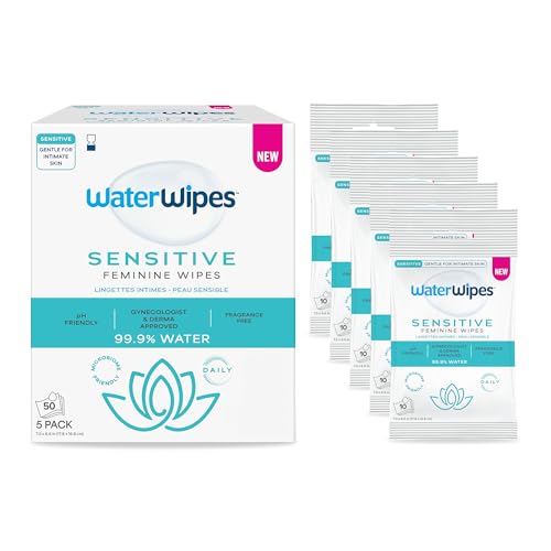 WaterWipes Sensitive Feminine Wipes 99.9% Purified Water pH Friendly for Daily Intimate Care Gynecologist Approved Fragrance Free 50 Count (5 Packs)