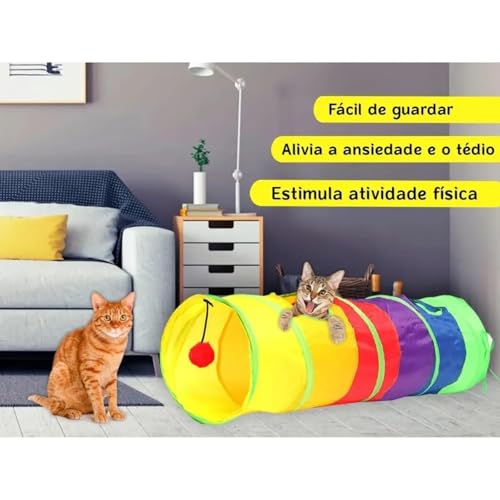 Túnel Dobrável para Gatos, Multicolorido, Brinquedo Interativo com Pompom, Tubo de Diversão para Gat