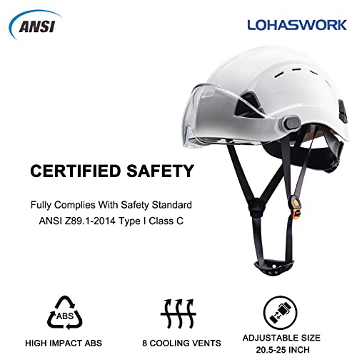 Lohaswork Safety Hard Hat With Visor - Ansi Z89.1 Approved Abs Adjustable Vented Helmet - 6-Point Suspension,Construction Work Hardhats (A1 White Clear) #TOP1