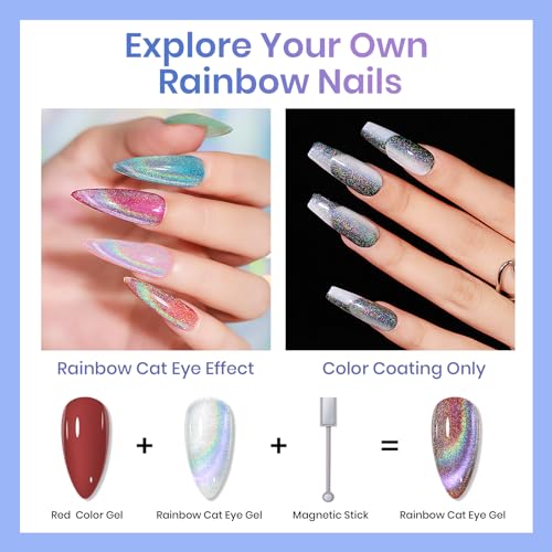 MIZHSE Holographic Cat Eye Gel Nail Polish Magnetic Cateye Gel Polish Vibrant Rainbow Effects Nail Salon Kit Manicure DIY at Home - Image 4