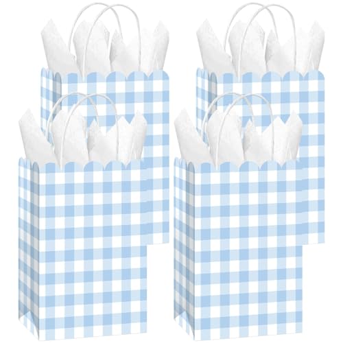 Yiaoyinnz 12 Pcs Blue Gingham Party Supplies Blue and White Plaid Party Favor Bags with Handles Light Checkered Treat Candy Goodie Bags for Wedding Birthday Baby Shower Picnic Favors
