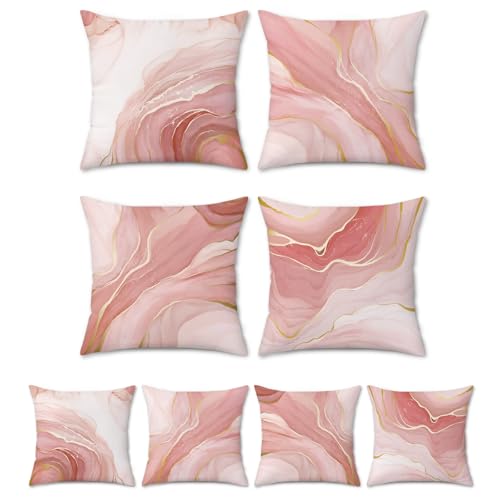 Bonhause Pink Marble Throw Pillow Covers 18x18 Inch Two-Sided Pink Gold Abstract Art Modern Decorative Pillows Case Soft Velvet Outdoor Cushion Covers for Couch Sofa Bed Home Decor Set of 4