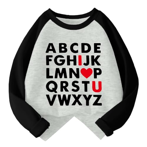 Image of Kids Valentines Shirt Boys Girls Valentine's ABC I Love U Heart Heart XO XO Graphic Tees Raglan Toddler Long Sleeve Tops
