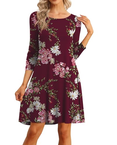 Image of VIISHOW Womens Round Neck 3 /4 Sleeves A-line Casual Tshirt Dress with Pocket