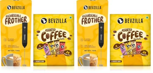 Image of Bevzilla 24 Assorted Coffee & Rechargeable Electric Frother Combo Pack | 3-Speed Setting with Type-C Fast Charging| 6 Pouches Each Flavour | Cafe Coffee Kit | Enjoy Hot & Cold (Pack of 2)
