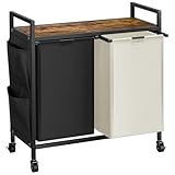 WOWLIVE Double Laundry Hamper with Lid,Rolling Laundry Basket Organizer with Wheels, Iron-Made Laundry Sorter with Top Shelf and 2 Removable Bags,Large Clothes Storage for Room,Black and Beige