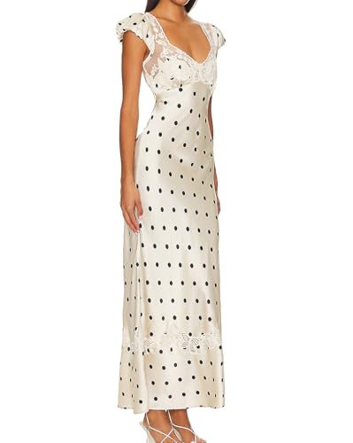 Image of Women Sexy Lace Patchwork Mesh Dress Floral Print Cutout Sweetheart Neck Backless Slit Summer Maxi Dress
