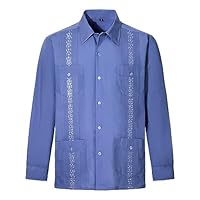 Camisetas masculinas Guayabera Camisas cubanas de manga comprida mexicana para homens, Azul, G