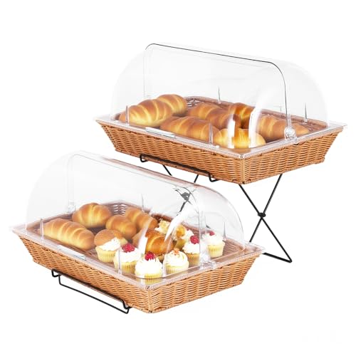 YMJOINMX Bread Basket Serving Display Tray with Clear Roll Top Cover and Metal Display Stand for Snacks Cookies Bakery Pastry Display Rack (20.5x13 In)